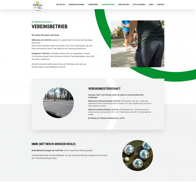 Unterseite "Vereinsbetrieb" (Ausschnitt)
