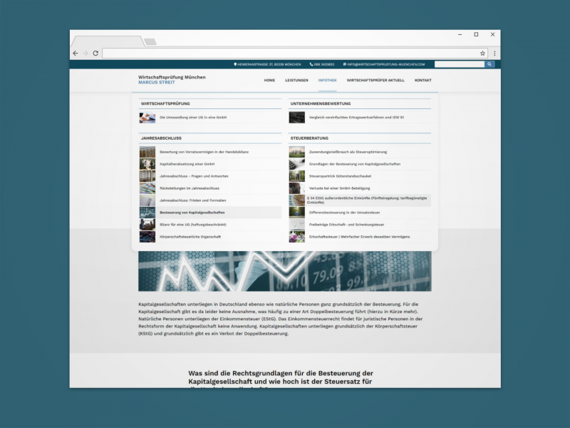 Seitenausschnitt Wirtschaftsprüfungs-Website mit ausgeklappter Unternavigation