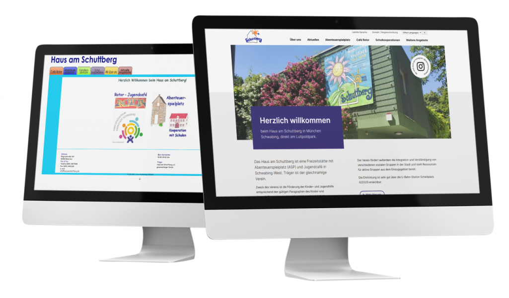 Redesign Website Jugendzentrum "Haus am Schuttberg": Startseite vor (links) und nach der Neugestaltung