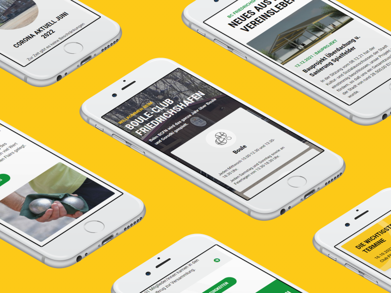 Darstellung der neuen Website des Bouleclubs auf Smartphonebildschirmen