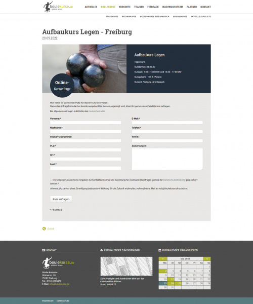 Boulekurs-Website: Anmeldeseite für einen Kurs