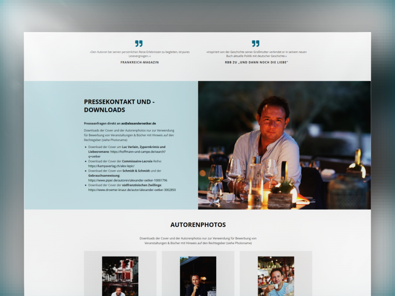 Website für Schriftsteller Alexander Oetker: Ausschnitt aus der Seite "Presse"